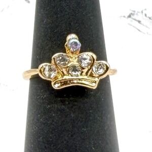 Crown Ring Clear Crystal Tiara Ring Size 5.25 Princess Ring Gold Tone